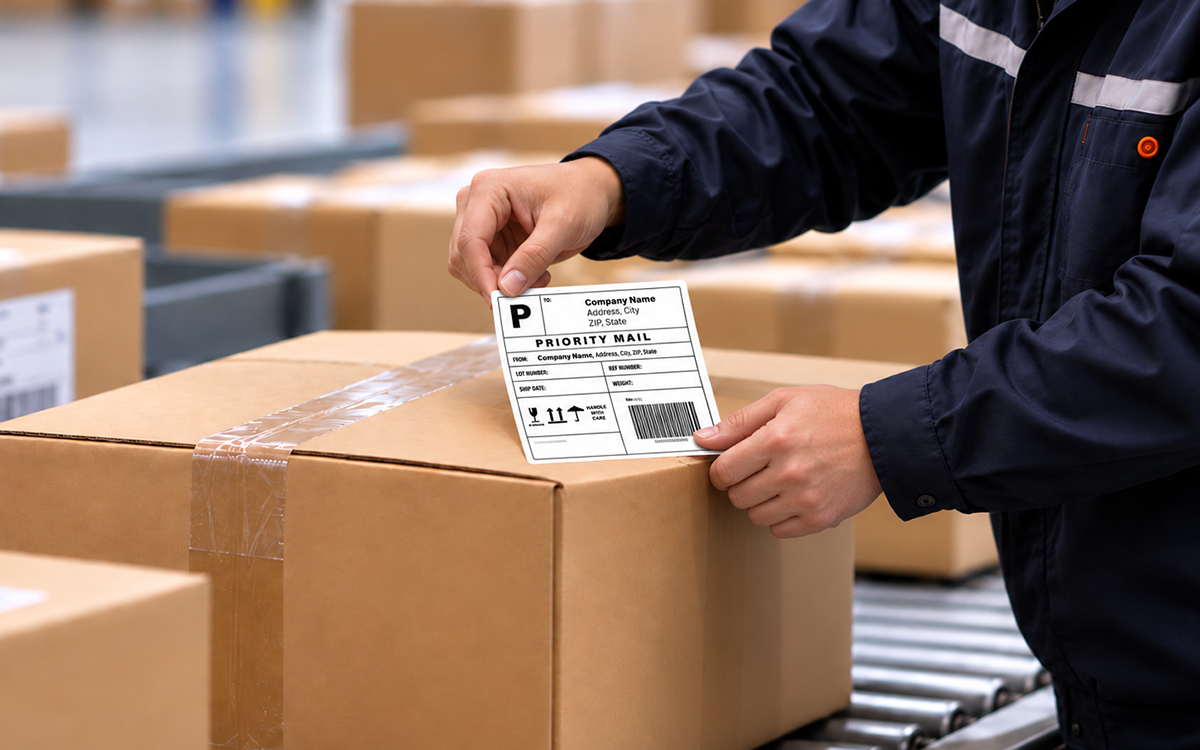 Worker Packs Shipment Labels scene