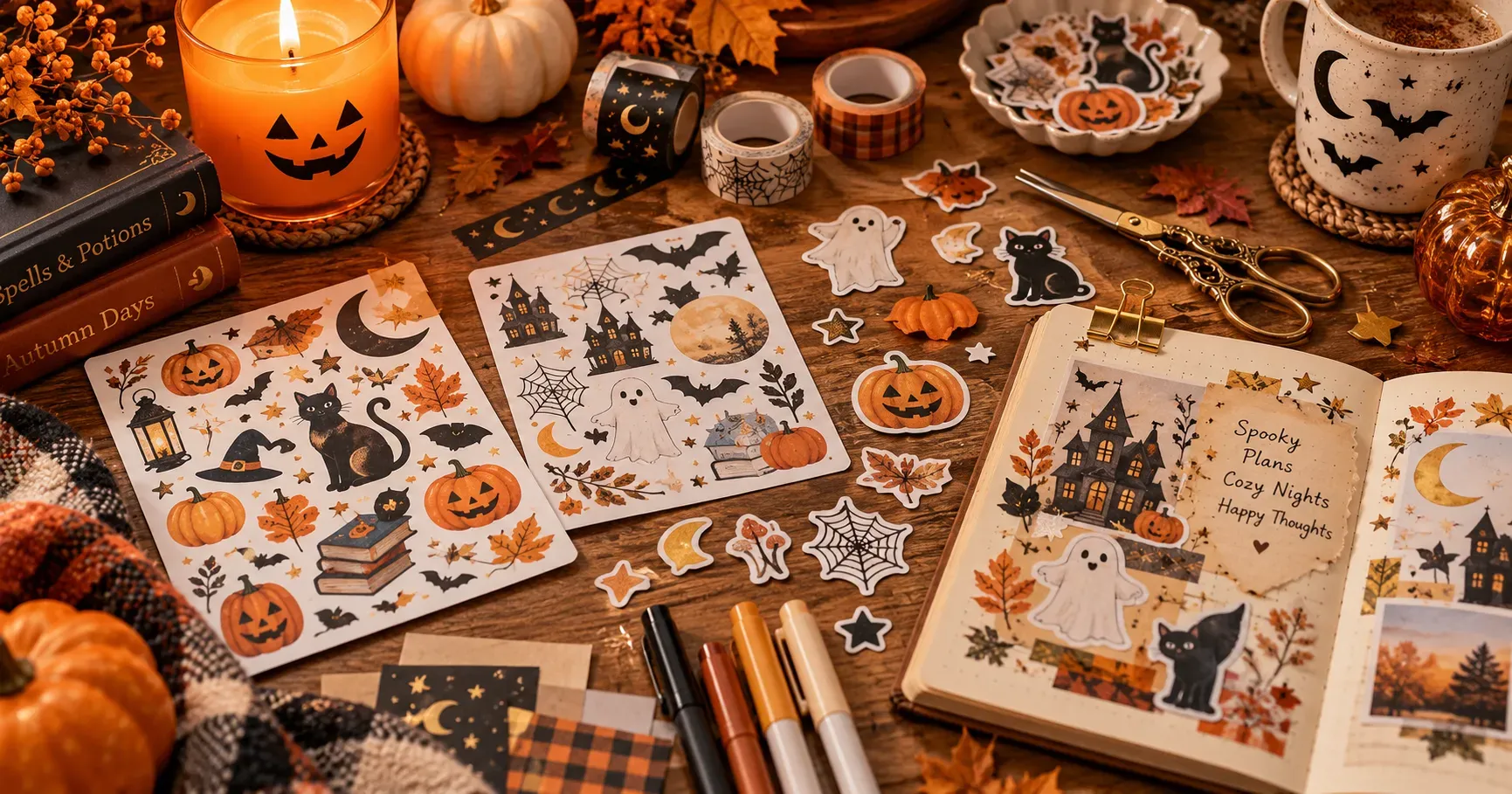 Halloween journal decorated with black and white spooky stickers, washi tape, pens, and autumn pumpkin accents