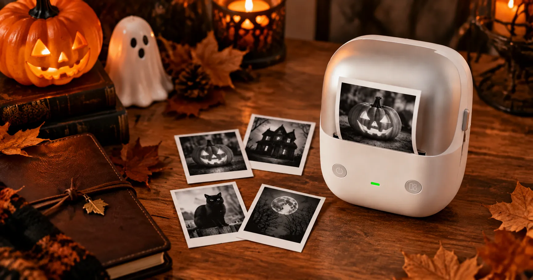 Compact white B2 Pro printer with black and white Halloween photos, pumpkin decorations, and a ghost figurine on a wooden desk