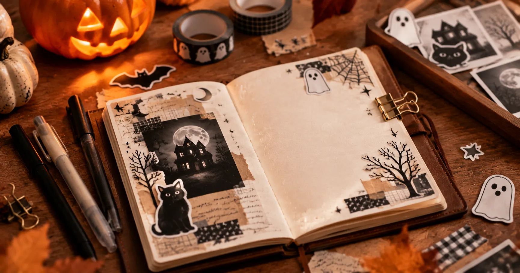 Open Halloween journal with monochrome haunted house and cat stickers, black and white pens, and simple autumn decorations